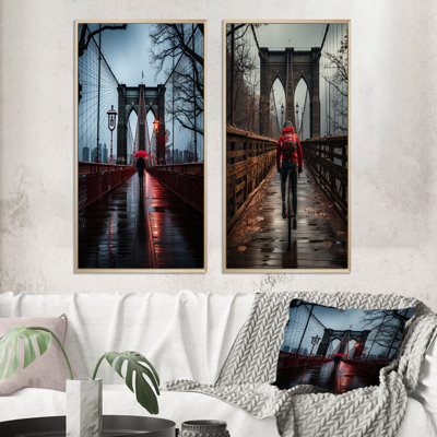«Red Gray New York Brooklyn Bridge», 2 pièces sur toile