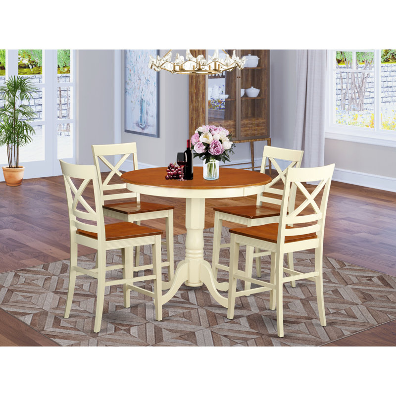Piece Counter Height Dining Set Includes a Round Kitchen Table with Pedestal and 4 Dining Room Chairs, Buttermilk & Cherry