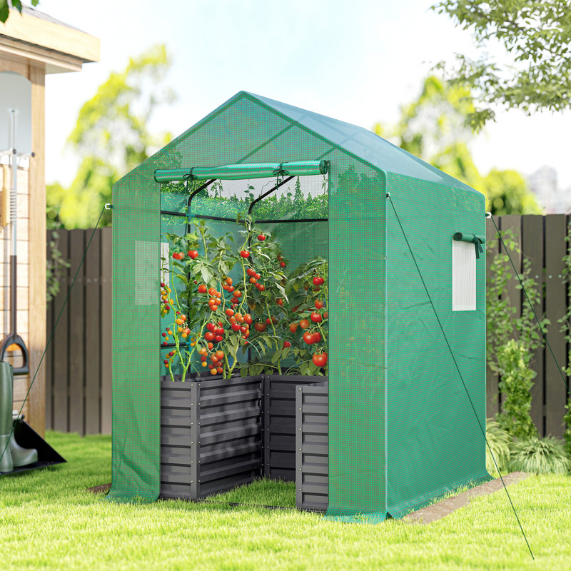 Greenhouse with Raised Garden Bed, 56" x 56" x 75" Galvanized Steel Planter Box with PE Cover, Roll Up Door and Windows, Outdoor Greenhouse for Flowers Vegetables, Dark Gray