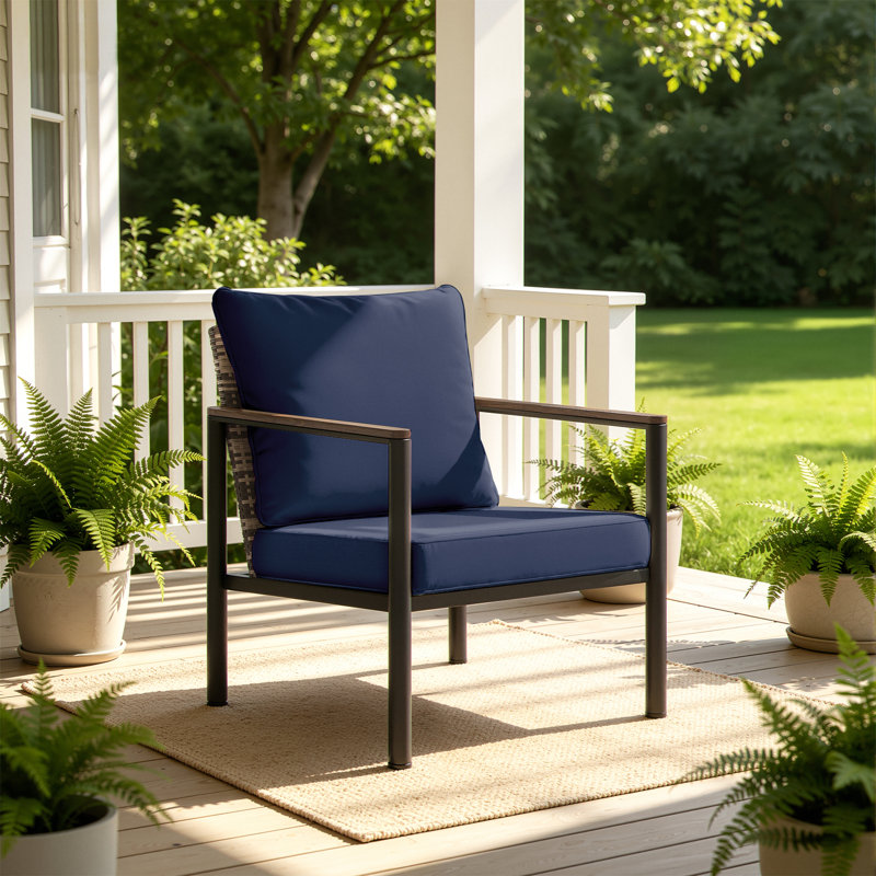 Outdoor Aluminum Patio Club Chair, Patio Wicker Dining Chair with Cushion & Weather Resistant PE Wicker Backrest for Patio, Deck, Balcony & Garden