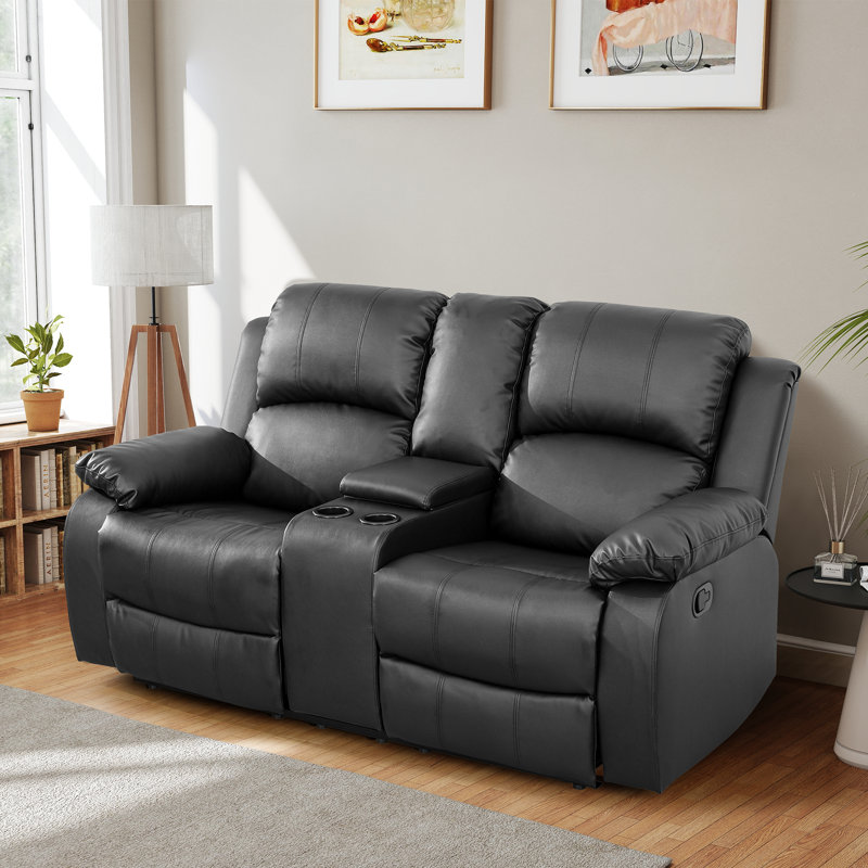 Double Manual Recliner Chair, Overstuffed Loveseat w/ Cupholders, Leather, Black, Black