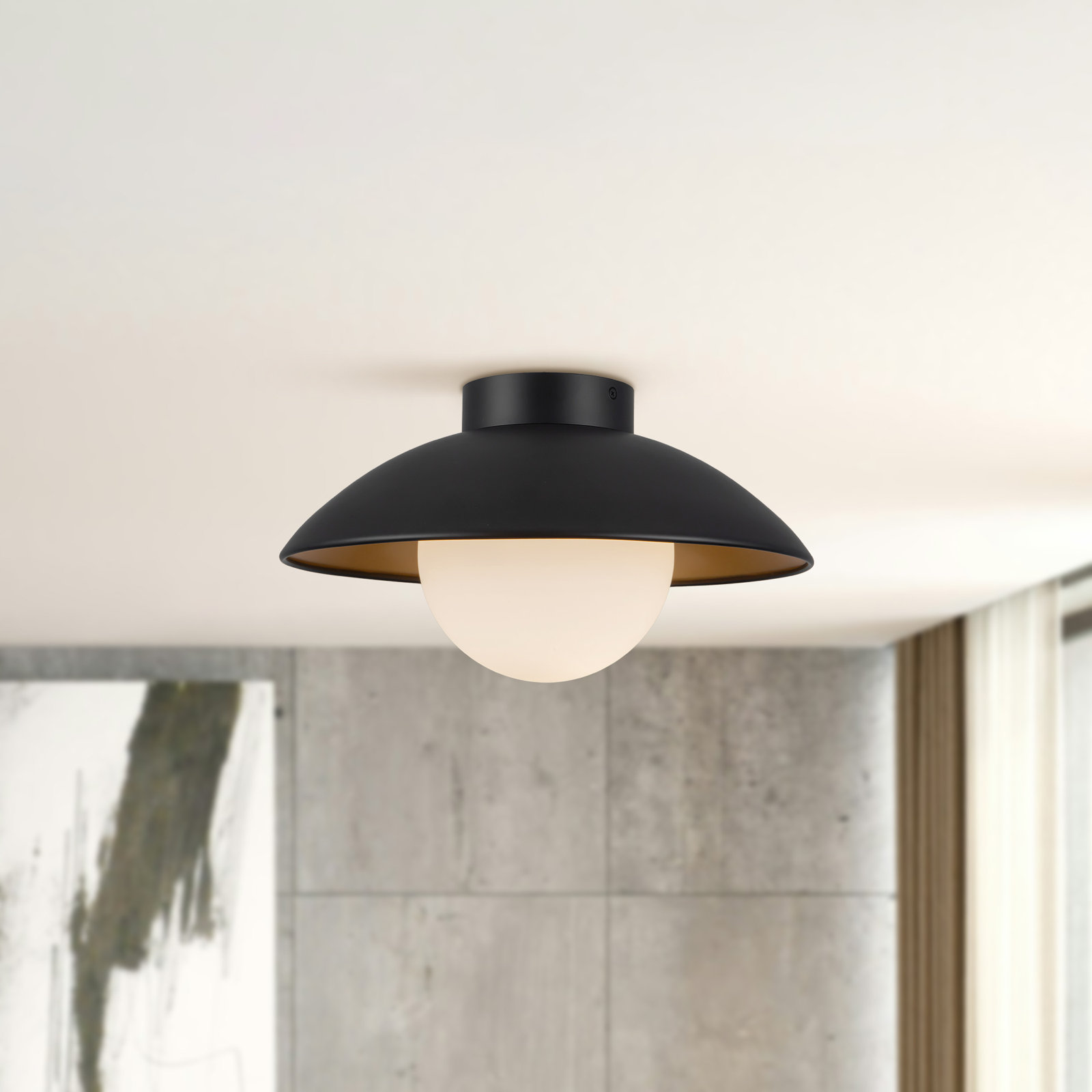 Mire 15-in Semi-Flush Mount with Opal Glass, Black/Opal Glass