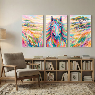 Animaux, cheval coloré, ensemble de 3 reproductions d'art sur toile