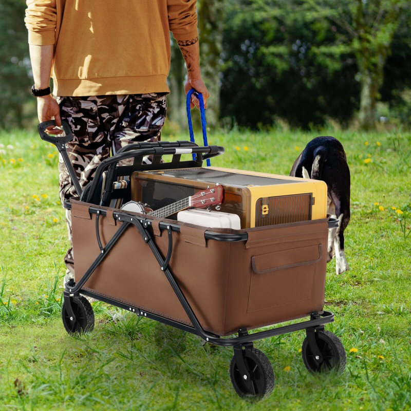 Collapsible Foldable Wagon Heavy-Duty Wagon Cart W/ Adjustable Handlebar, Brown