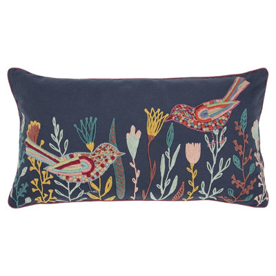 Blue Botanical And Bird Embroidered Lumbar Pillow