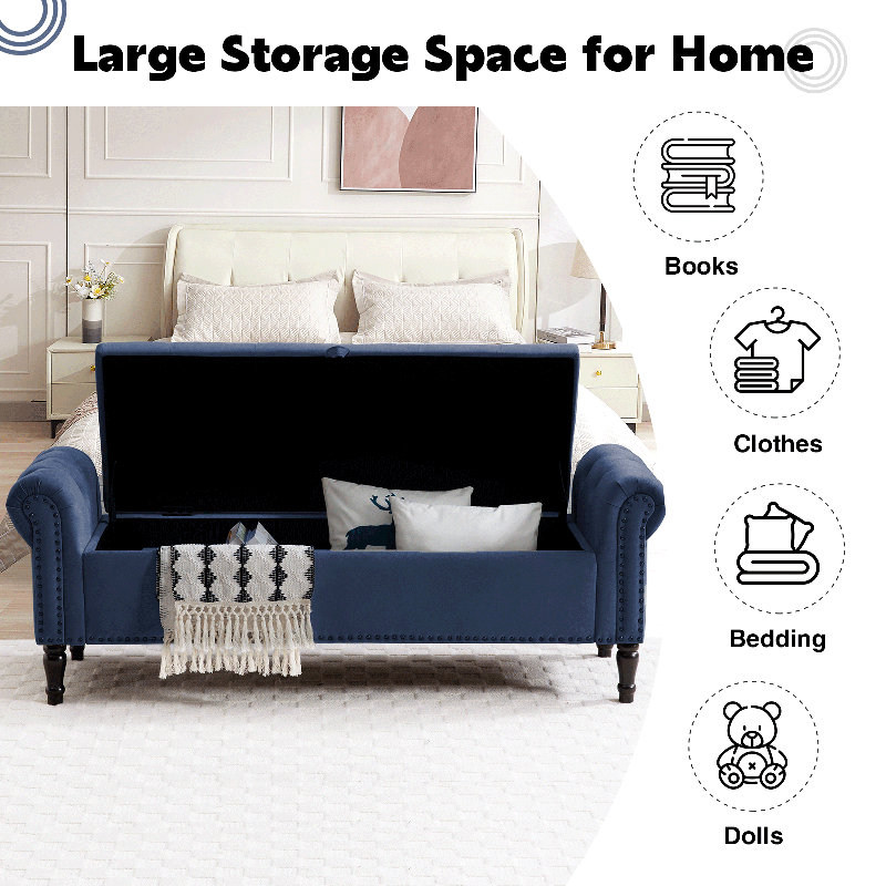 Lunara 67" Storage Bench for Bedroom End of Bed King Size with Button-Tufted Seat and Roll Arms, 67''W, Velvet Blue