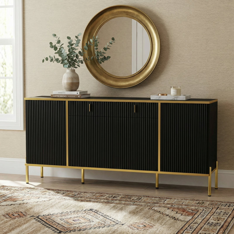 Buffet 60 "moderne cannelé avec accents dorés, armoire de rangement noire pour le salon, Noir