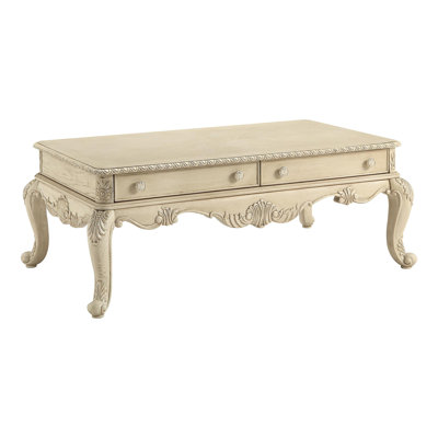 Table basse rectangulaire antique blanche avec 2 tiroirs, pieds, arrêt, rangement pour casse-têtes 2 en blanc