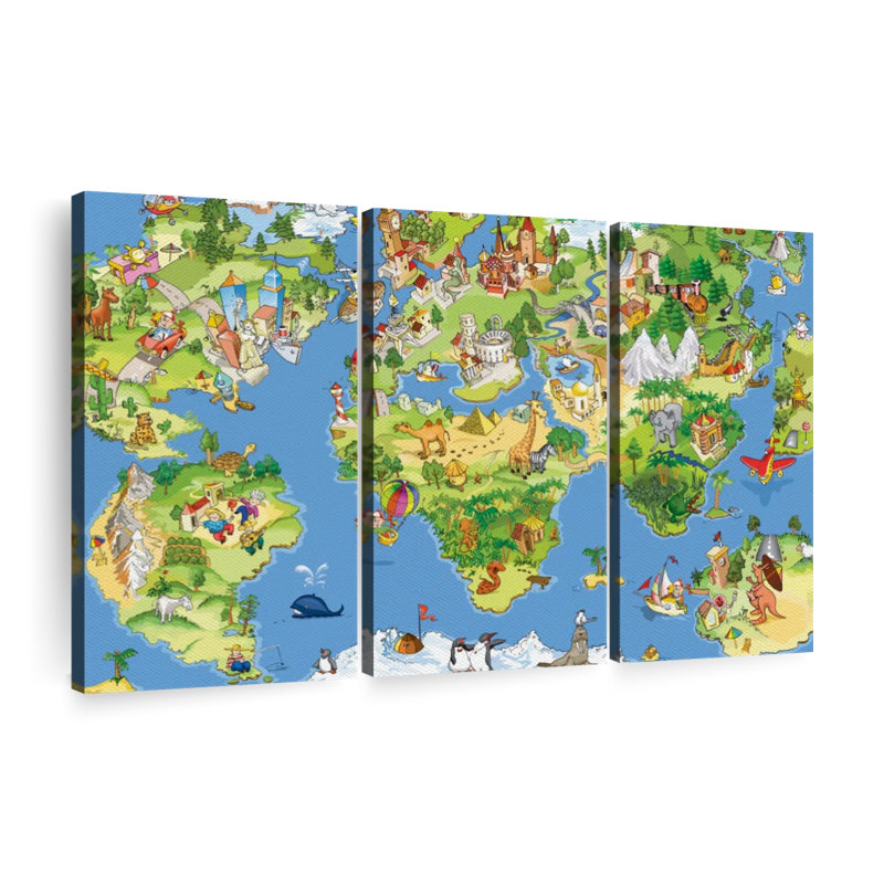 " Cartoon Landmarks World Map ", 42" H x 65" W x 1.25" D