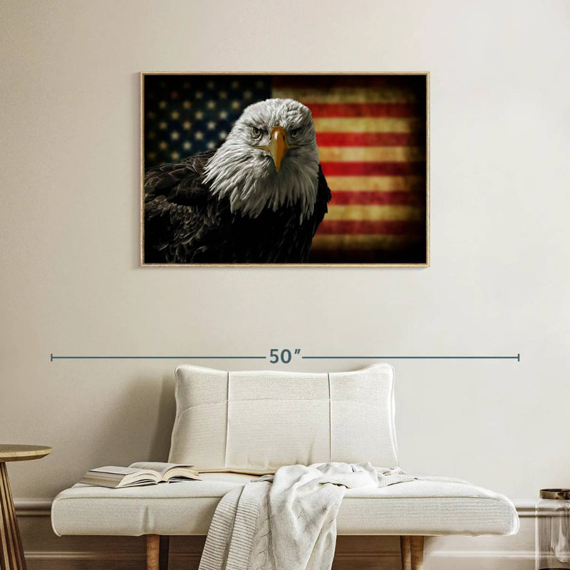 Aigle et drapeau de l'Amérique, Cadre flottant en bois naturel, 37 po x 25 po