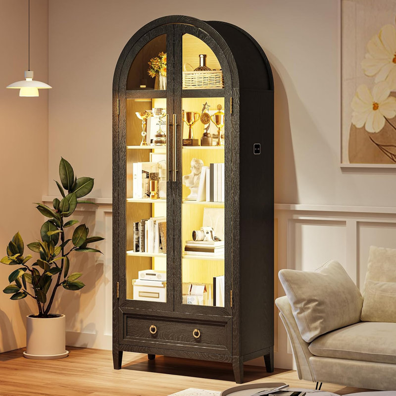 Book Shelf With LED Lights, Arched Display Case With Storage Cabinet, Smart Pantry Cabinet With Glass Door, Bookcase, Toy Organizer With Solid Wood Legs For Livng Room/Bedroom Furnniture-Black
