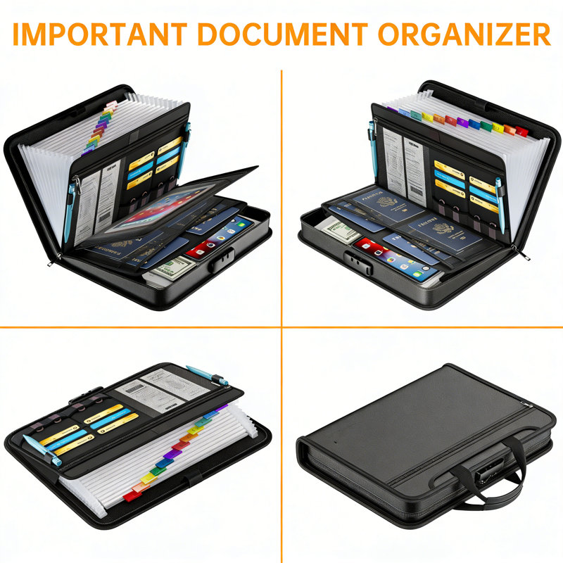 Fireproof File Organiser A4 Expanding File Folder With Lock Portable Document Organizer Multi Pockets Safe Storage