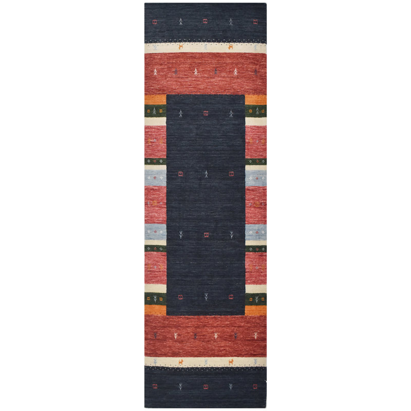 Tapis noir et multicolore de haute qualité noué à la main, Tapis de couloir 2 pi 6 po x 8 pi