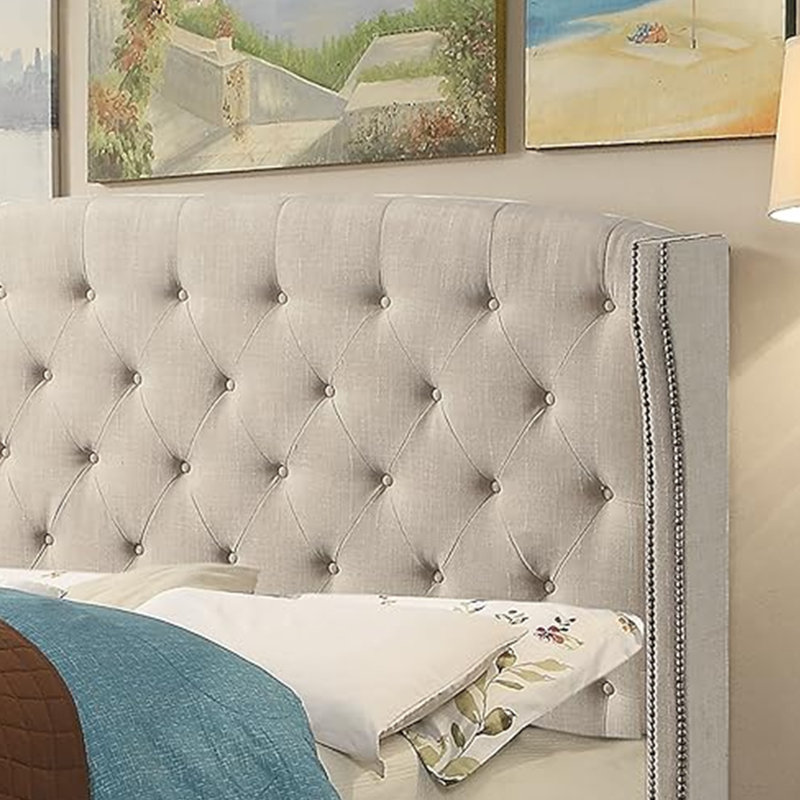 Upholstered Wingback Platform Bed, Bed Frame with Nailhead Trimmed Wingback and Button-Tufted, Beige, Full/Double