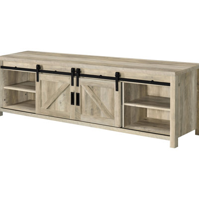 Meuble télé 2 portes en bois d'ingénierie en pin vieilli, 70 à 79 po, portes coulissantes, deux tiroirs, caractère rustique, rangement spacieux, fonctionnalité moderne, pin 23,5 H x 80,06 po 15,5 po pour téléviseurs, style