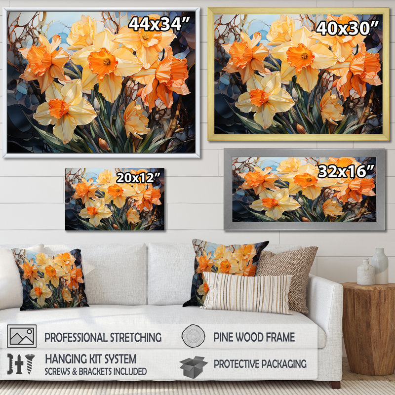 Efflorescence de jonquilles orange, H 12 po x l 20 po x P 1 po, Cadre simple blanc