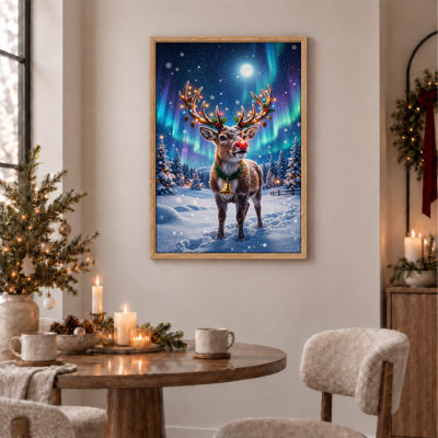 «Reindeer with Glowing Antler Lights And Northern Christmas», art mural sur toile