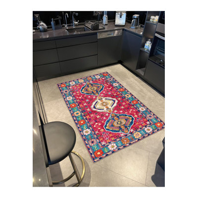 Tapis décoratif rétro à motif traditionnel rose foncé et bleu foncé lavable à la machine