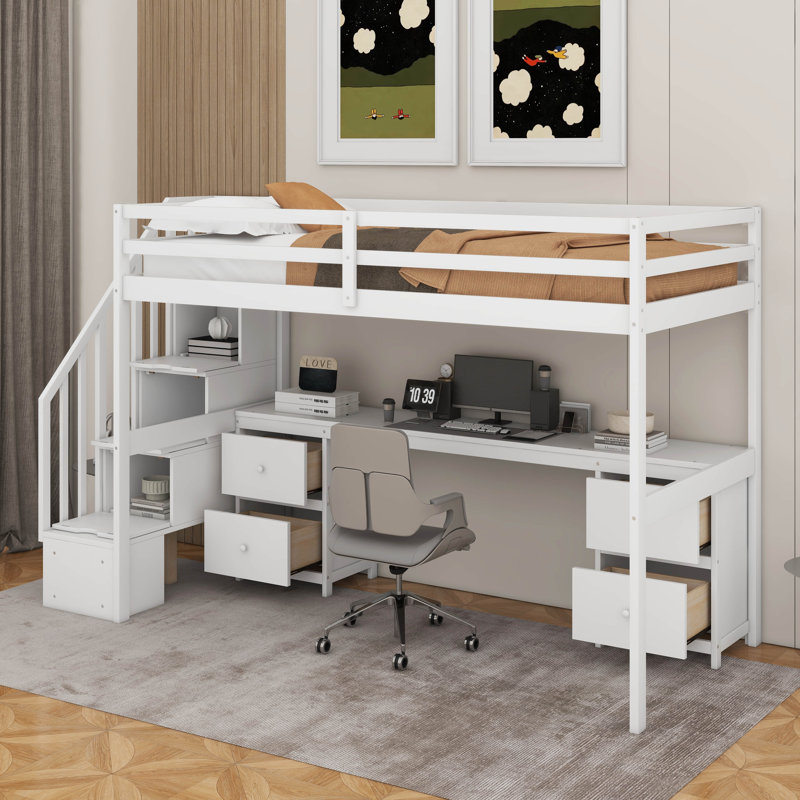 Lit mezzanine simple avec bureau et tiroir, Blanc