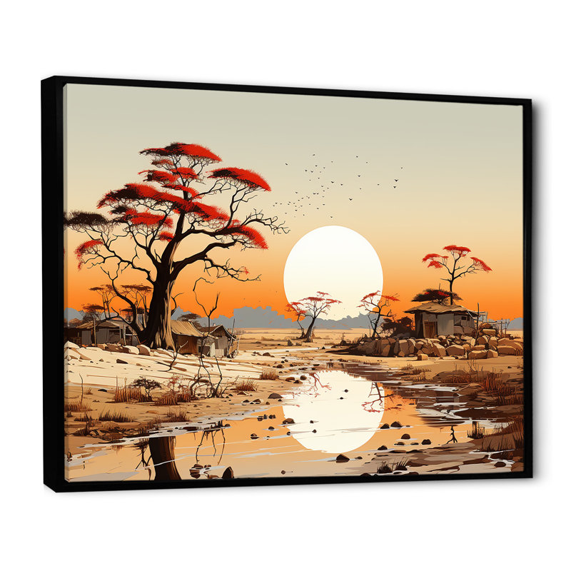 Coucher de soleil africain, reproduction d'art sur toile, H 34 po x l 44 po x P 1,5 po, Cadre flottant noir
