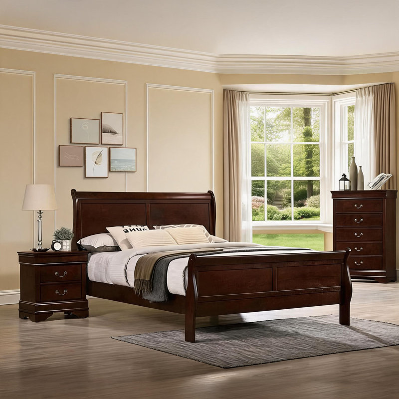 For Bedroom Use Transitional Style Twin Size Curved Sleigh Bed Frame Solid Wood Cherry Finish