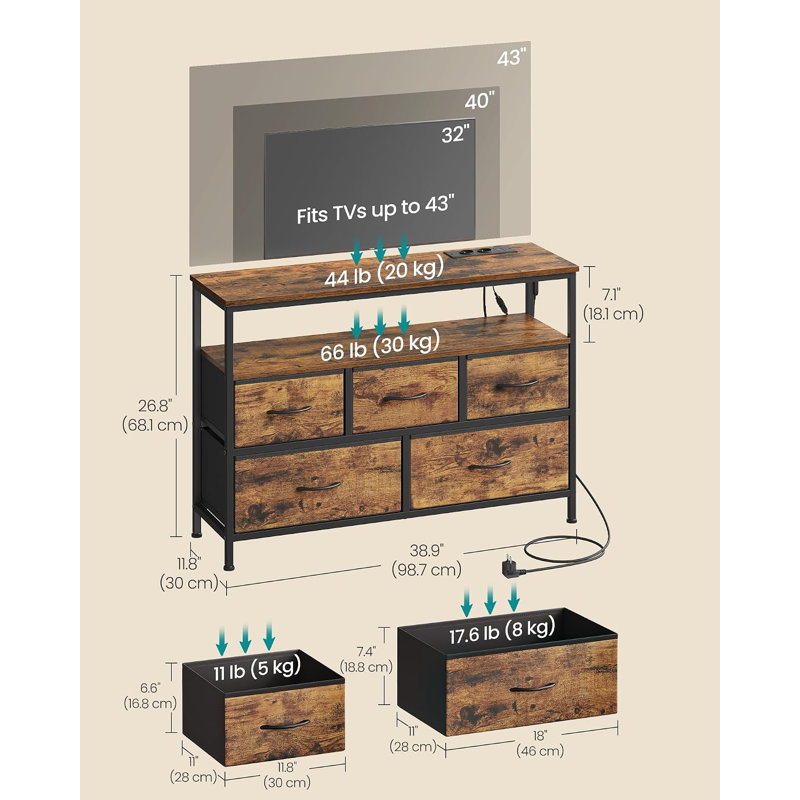 98.7 cm W Chest of 5 Drawers, Brown