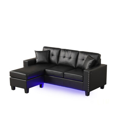74 Inch Wide PVC Reversible Sectional Sofa With LED Light, USB Port, Nailhead Trim, And Tufted Cushions For Modern Living
