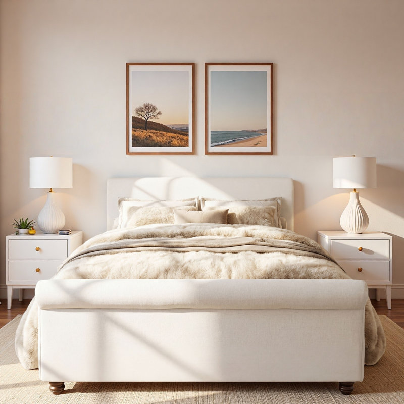 Lit rembourré avec bords roulés épais, pieds ovales à double couche rétro et tête de lit robuste, Grand lit, Blanc