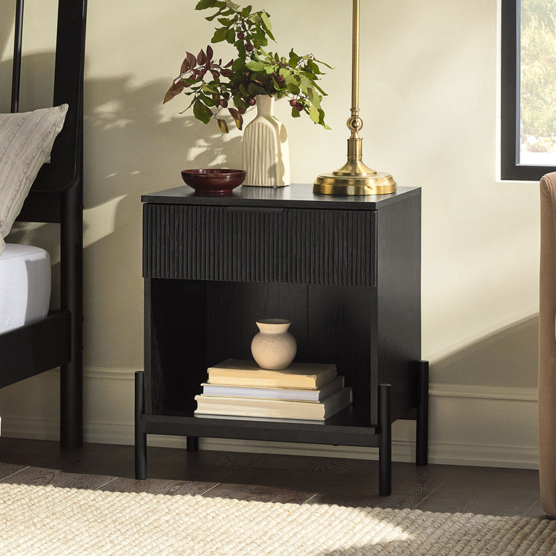 Black Modern 1-Drawer Nightstand with Open Cubby