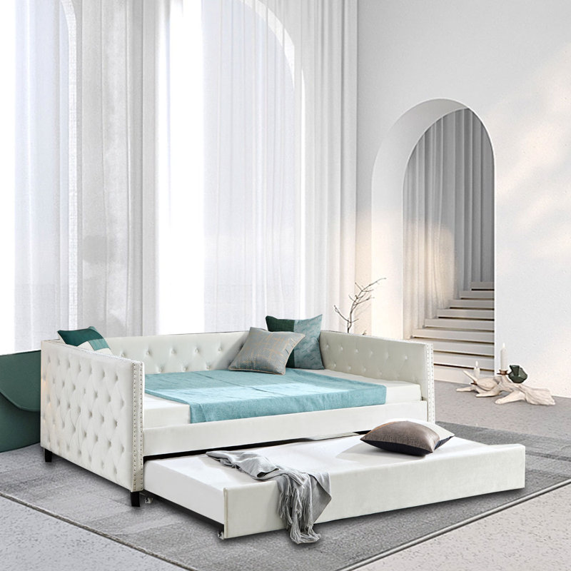 Lit de jour rembourré Leandra, Beige, Lit gigogne inclus, Double