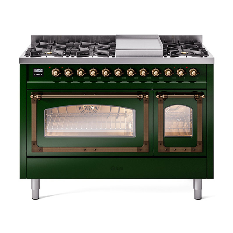 ILVE UN48FNMPEGG Nostalgie II Noblesse 48 inch Dual Fuel Range (8 Sealed Burners + Griddle, Triple Glass Door), Emerald Green