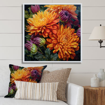 Orange mamans mauves en fleurs sur toile