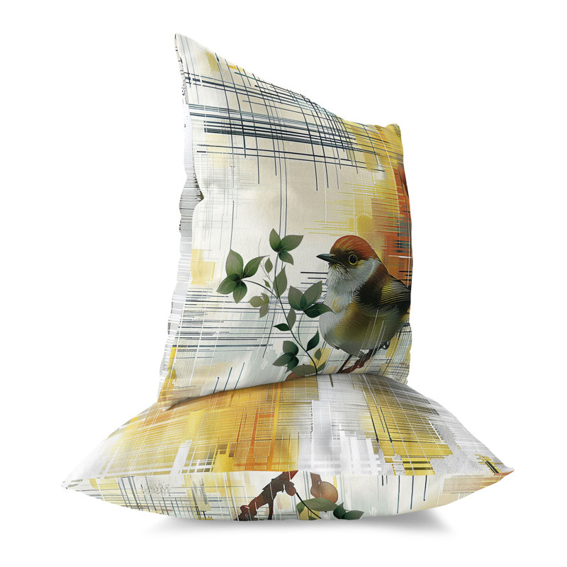 Coussin décoratif oiseau sur une branche, Vert / Jaune, H 18 po x l 18 po