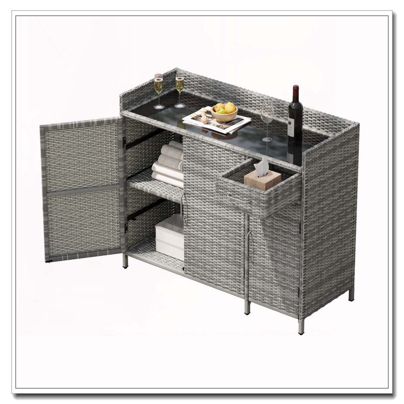 Armoire de rangement extérieure en osier 47,5 "avec plateau en verre trempé, Gris