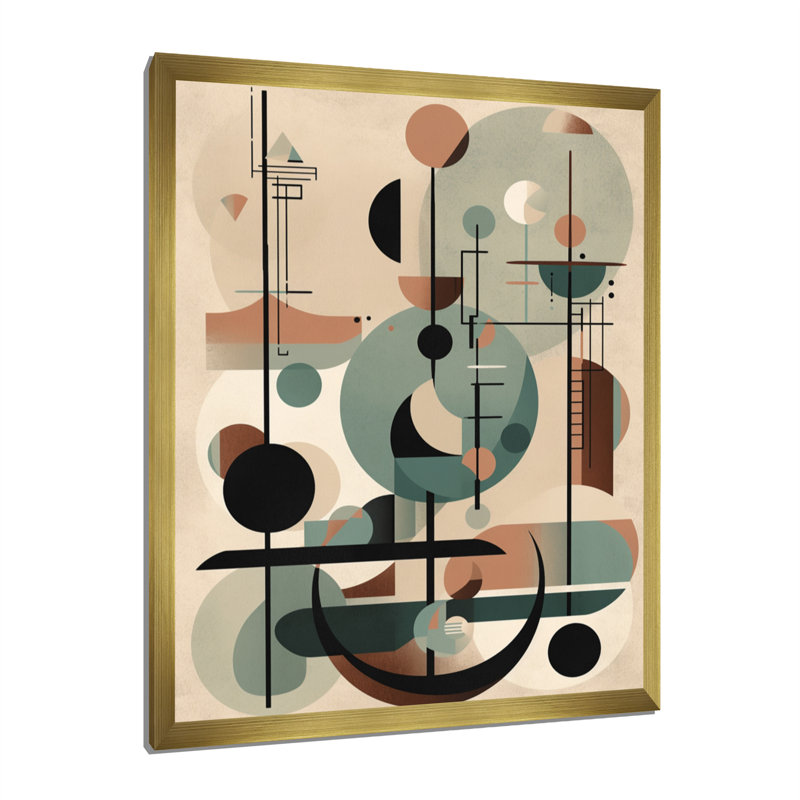 Illustration abstraite de style Mid-Century contenant des objets et des formes - reproduction sur toile, Encadrement doré