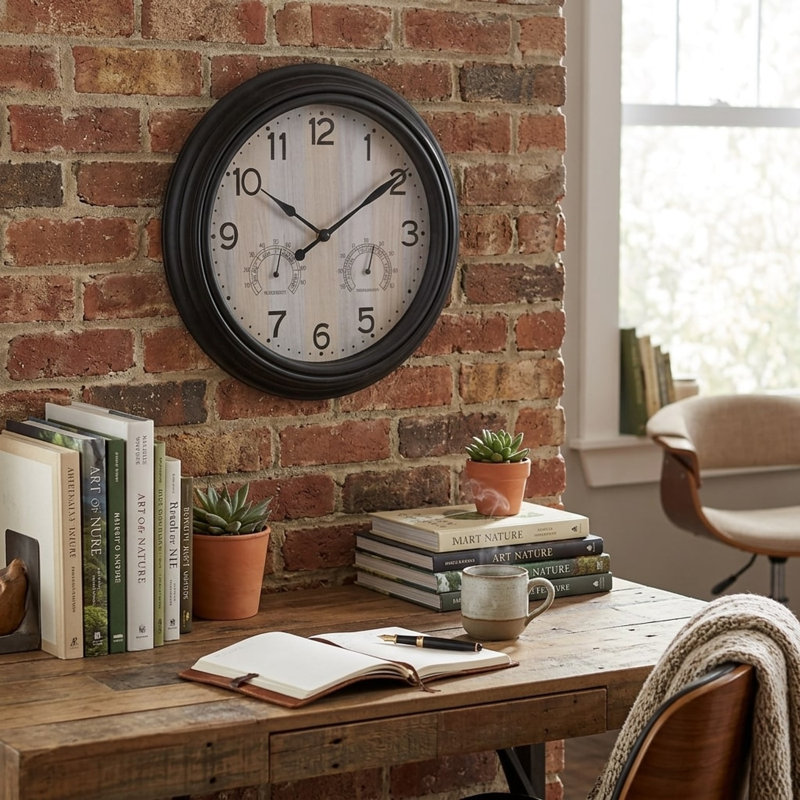30cm Black Analogue Wall Clock with Thermometer & Humidity Gauge Quartz