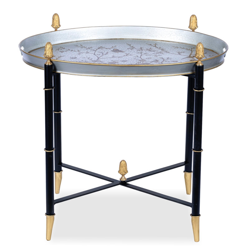 Pewter Round Tray & Gold Table with Finials, Black/Gold/Pewter