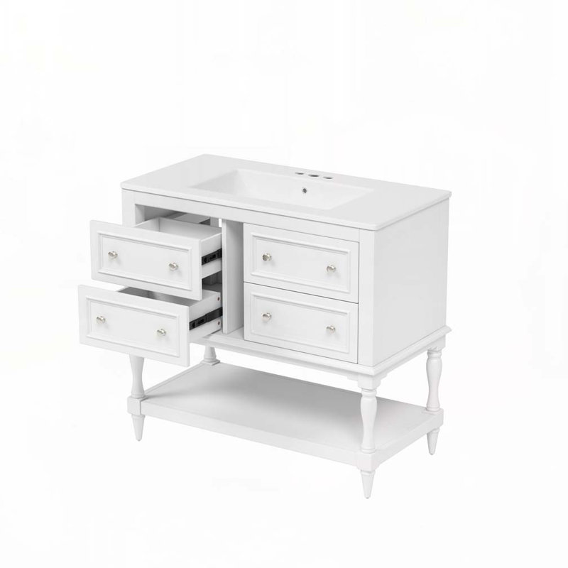 Meuble-lavabo de salle de bain avec lavabo en céramique, 4 tiroirs et structure en bois massif, Blanc