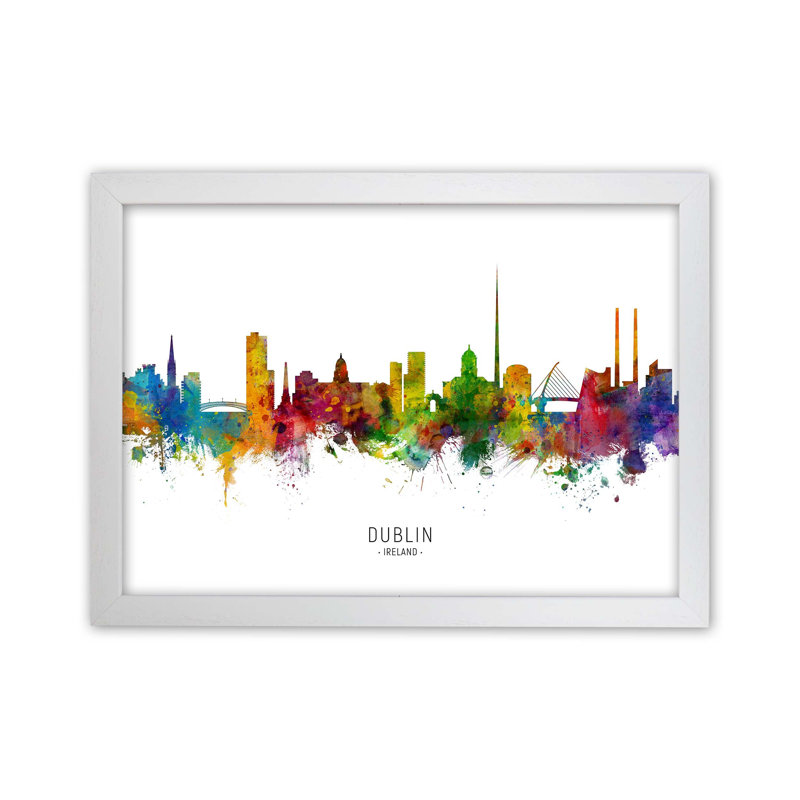 Dublin Ireland Skyline by Michael Tompsett - Print, 25cm H x 34cm W x 3cm D, White Framed