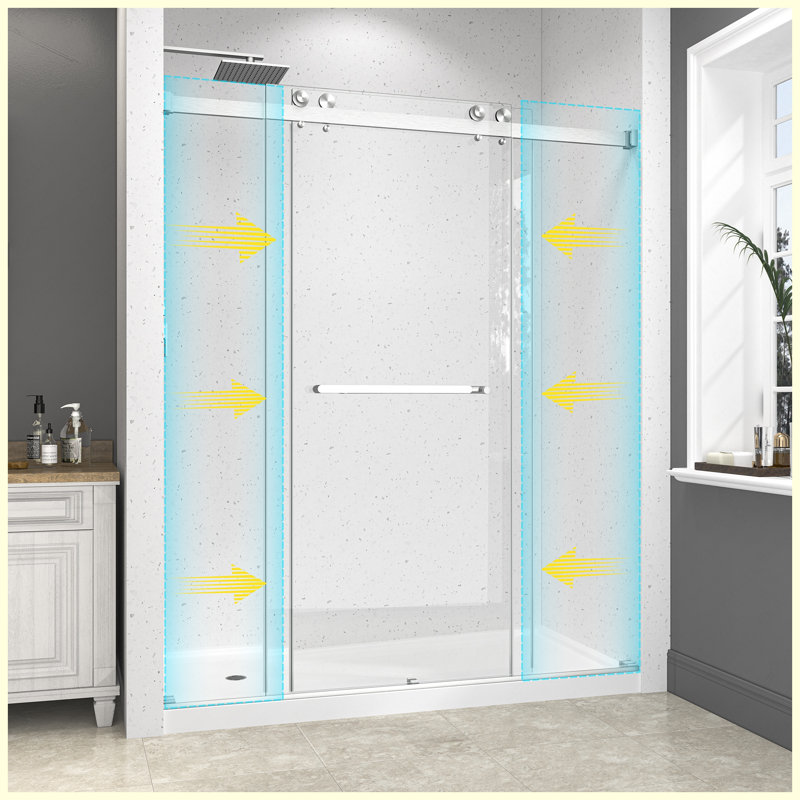 Porte de douche coulissante double sans cadre en nickel brossé, l 61-66 po x H 78 po, verre trempé 1/4 po avec film anti-déflagrant Nano, installation réversible