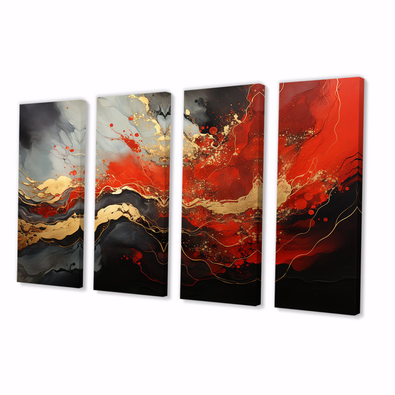 «Red and Gold Marble Fire I», art abstrait, 4 pièces, H 28 po x l 48 po