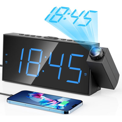 Réveils numériques à projection pour chambre à coucher - Grand écran DEL, projecteur rotatif à 180 °, gradateur à 5 niveaux, chargeur USB, batterie de secours, double alarme pour enfants âgés, dormeurs lourds, sommeil, 12 / 24H, DST