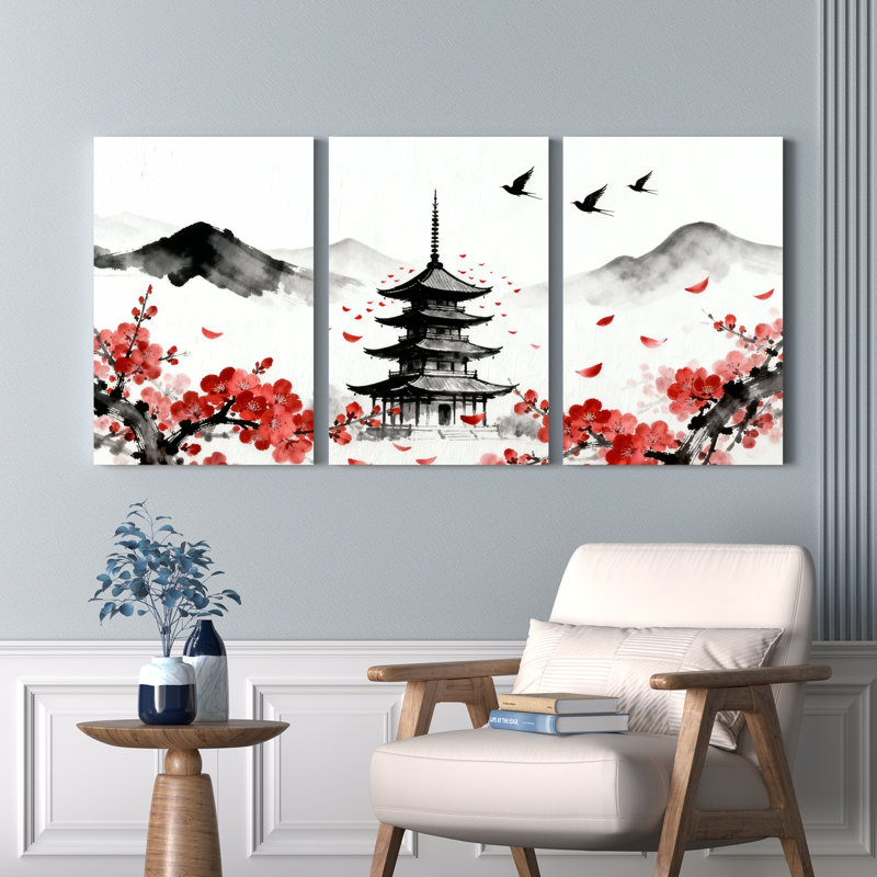 Pagode japonaise et fleur de cerisier, reproduction d'art sur toile, ensemble de 3 encres traditionnelles, H 30 po x l 60 po