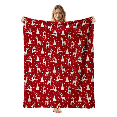 Plaid de Noël en flanelle polaire JYK, léger, respirant, doux et chaud en microfibre pelucheuse, 76 x 102 cm, motif silhouette de rennes et de sapins