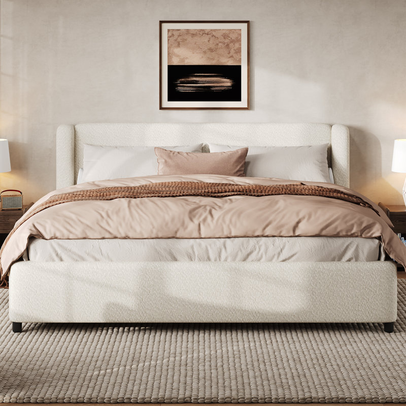 Sorevik Modern Minimalist Boucle Upholstered Wingback Platform Bed with Thick Padded Headboard, King