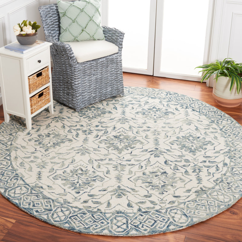Tapis floral en laine touffeté à la main Pimentel, Rond 9 pi