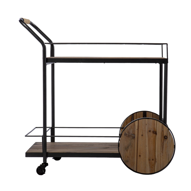 Chariot-bar roulant naturel et noir en fer récupéré et bois avec rangement pour bouteilles de vin