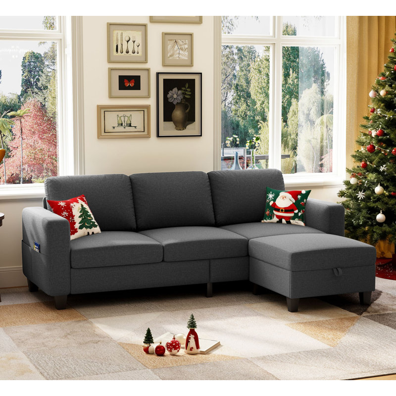 78'' Upholstered Sofa Couch With Movable Ottoman, Gray