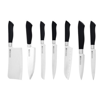ROYALFORD 7 Piece Knife Set Stainless Steel Sharp Blades with PP Handle Kitchen Knives Includes 6" Cleaver, 8" Chef, 8" Bread, 8" Carving, 7" Santoku, 5" Utility, and 3.5" Paring Knives