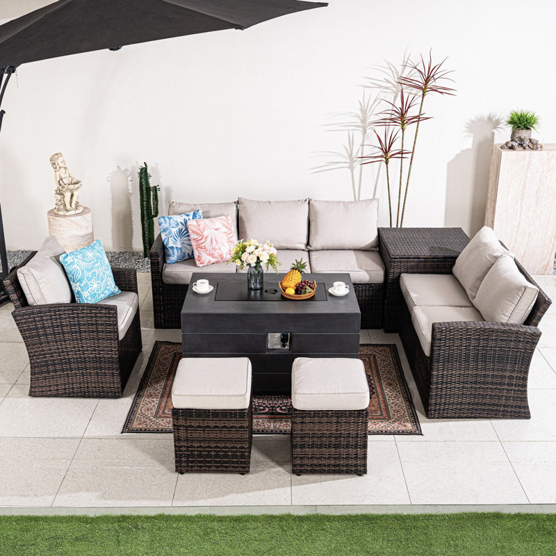Hermosa Wicker 8 Person Conversation Set, Cushions Included, Brown